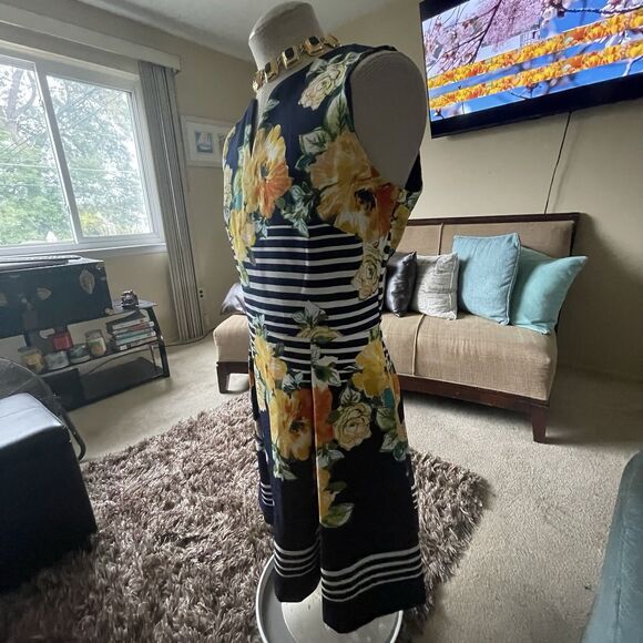 DB Estb 1962 Navy White Yellow Spring Summer Floral Striped Pleated Dress Sz 16 - Picture 10 of 15